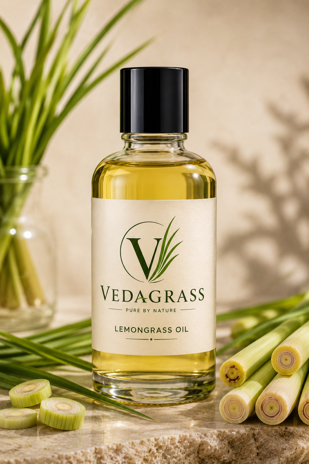 VedaGrass Lemongrass Oil bottle in a botanical setting