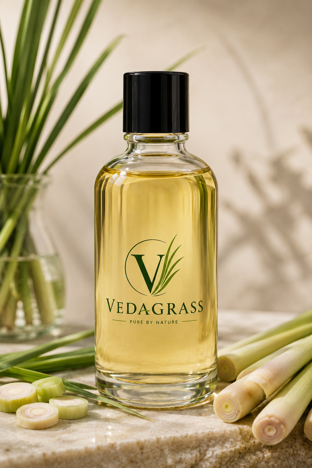 VedaGrass Lemongrass Oil bottle with fresh lemongrass